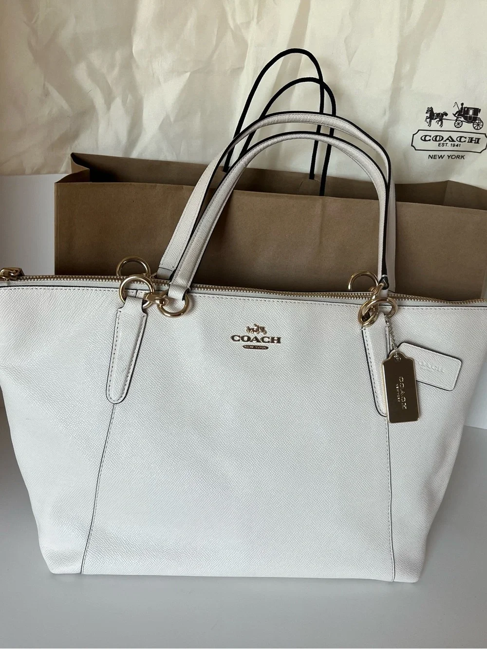 Coach White Leather Tote with Gold-Tone Hardware